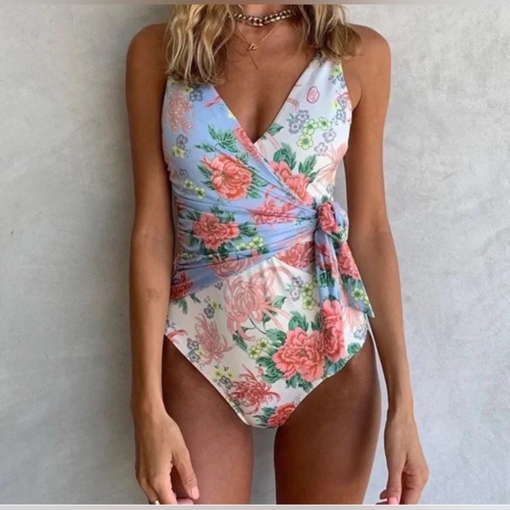 We Are HAH Wrap It Up One Piece Wrap Style Swimsuit French Blue Size XS